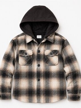 Kids Zara Black and Cream Plaid Hooded Jacket